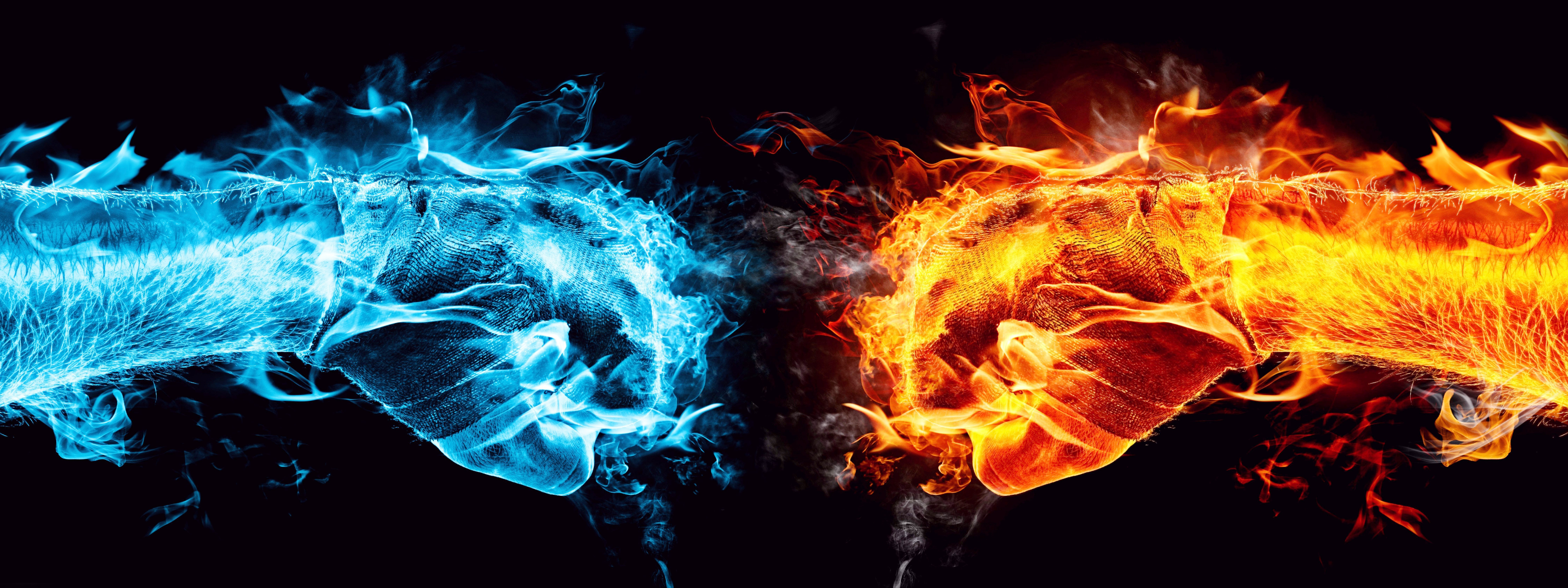 Water And Fire Fists Battle Dual Screen Wallpaper