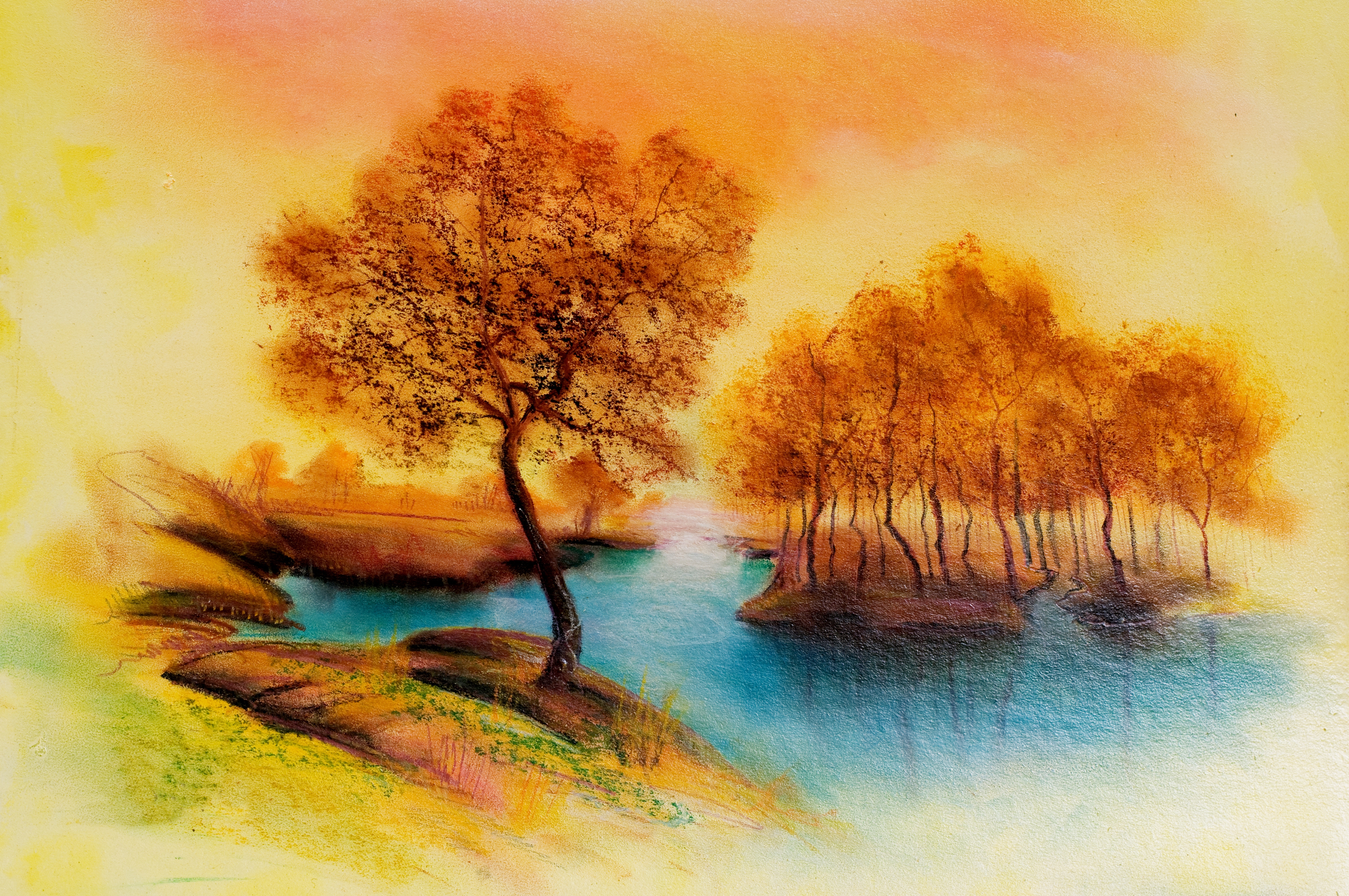 River and Trees Landscape In Autumn Paint Wallpaper