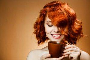 Smile Redhead Girl Drink Coffee