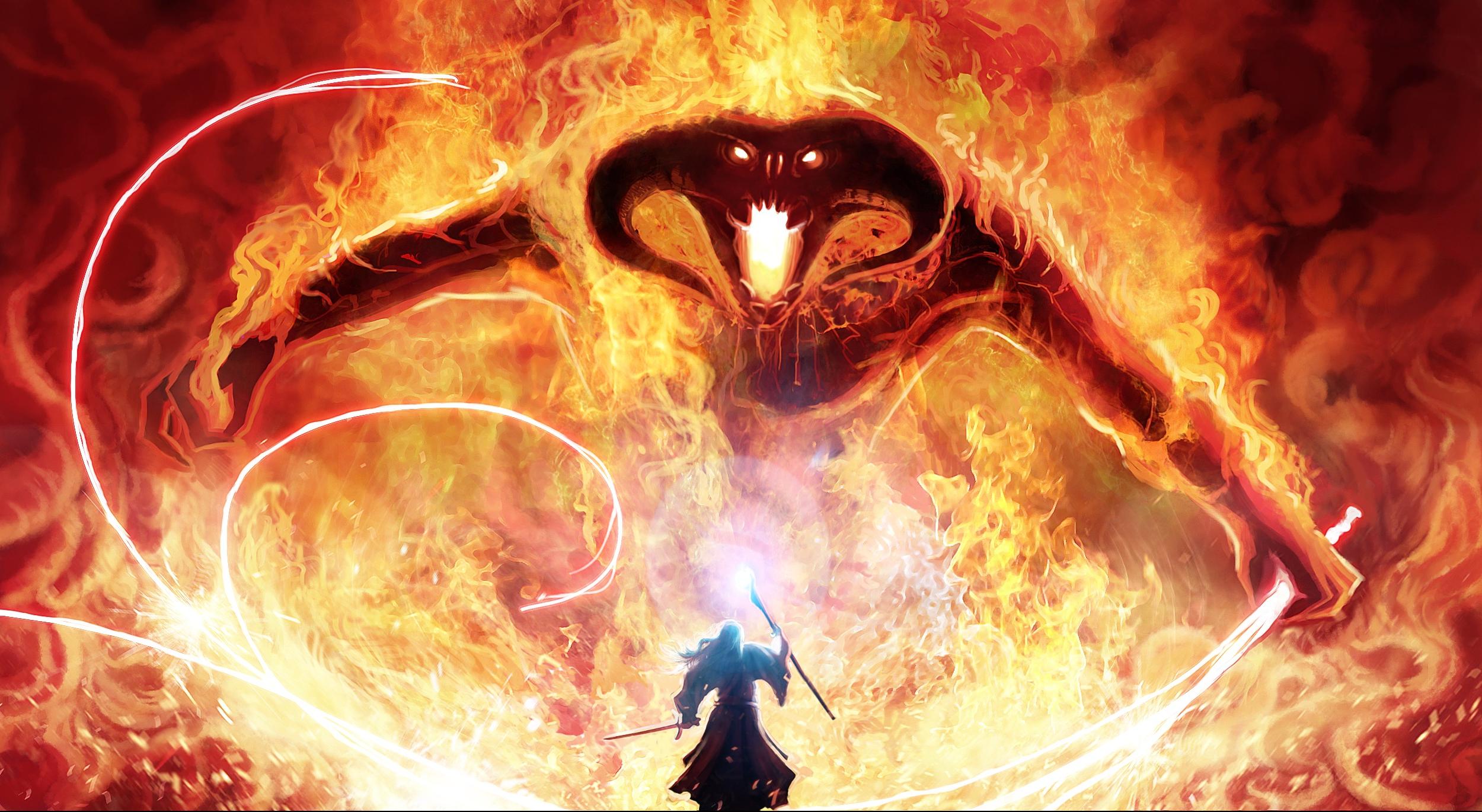 Baldrog vs Gandalf in Flame Wallpaper