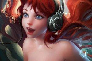 Beauty Red Head Woman Listen Music