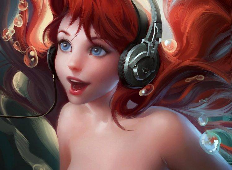 Beauty Red Head Woman Listen Music HD Wallpaper Desktop Background