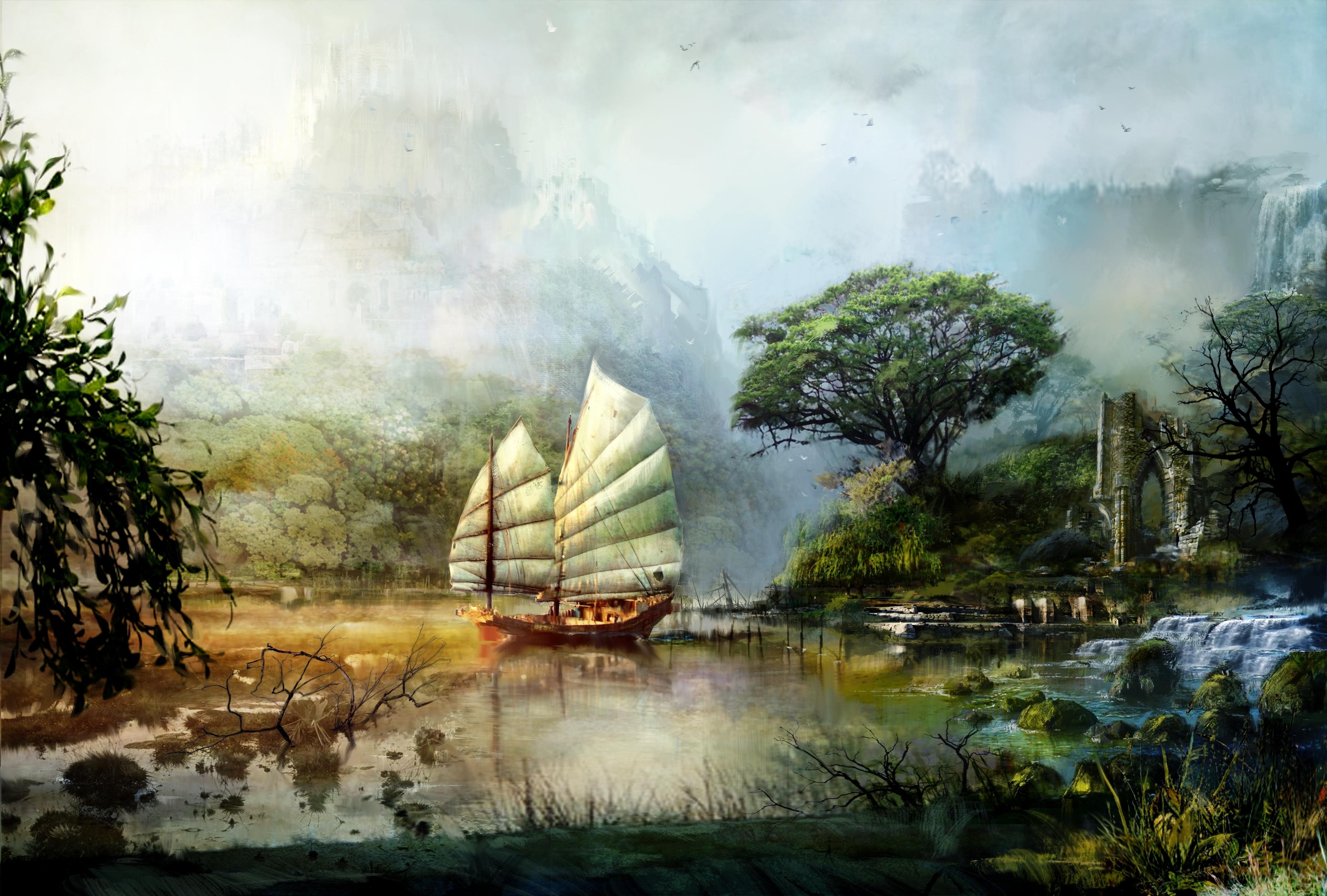 Fantastic Sail Ship in Lake Wallpaper