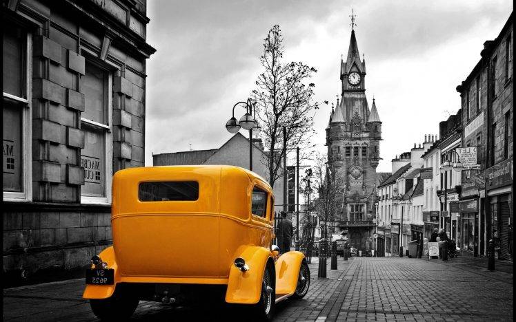 Vintage Yellow Car In A Gray City HD Wallpaper Desktop Background
