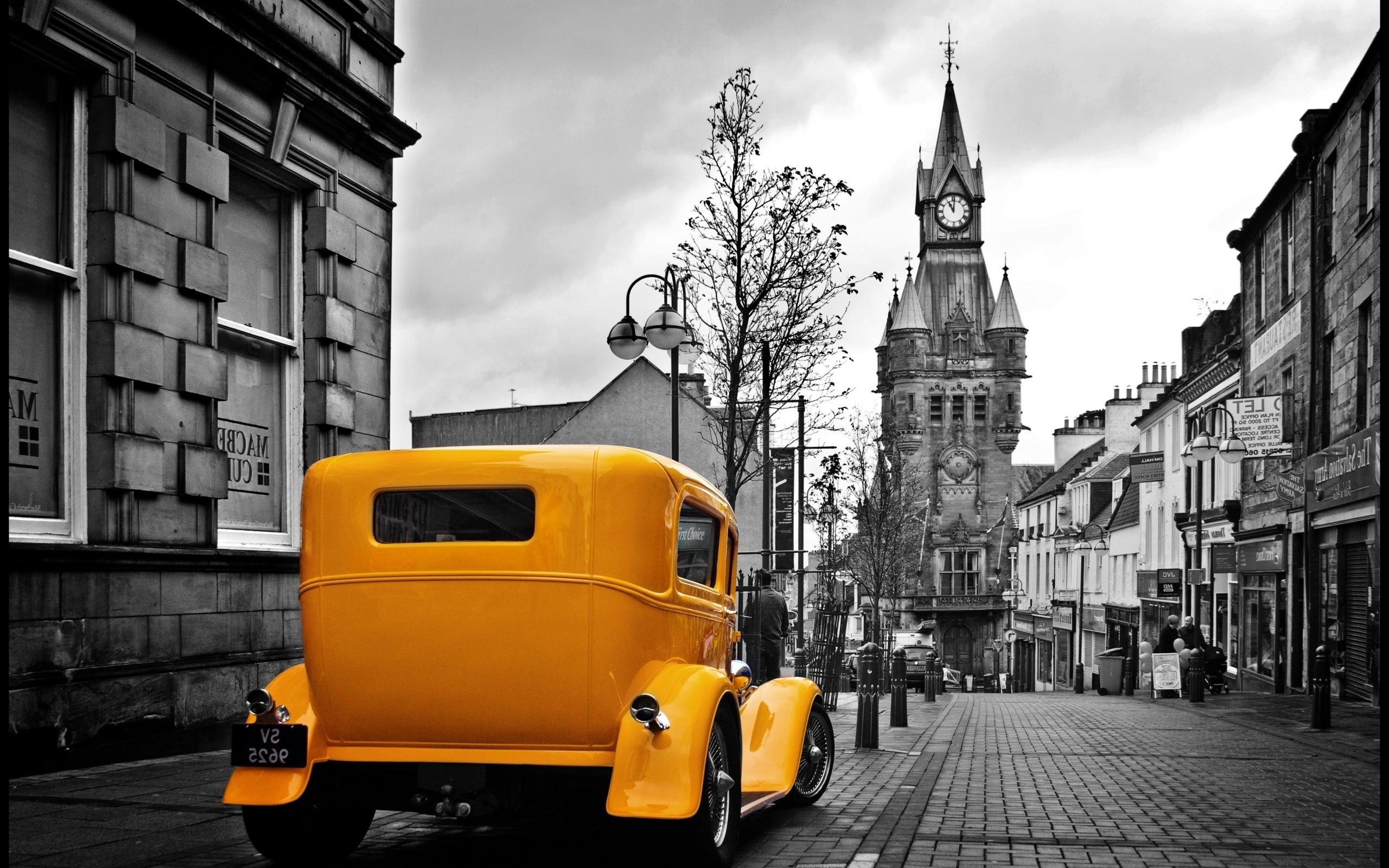 Vintage Yellow Car In A Gray City Wallpapers HD / Desktop and Mobile