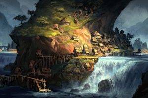 Fantasy Artwork Huts And Waterfalls