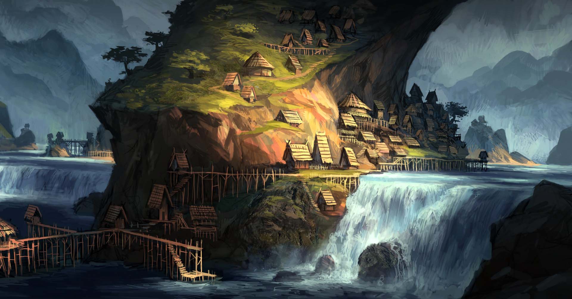 Fantasy Artwork Huts And Waterfalls Wallpaper