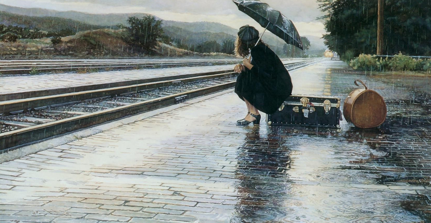 A Girl Waits At The Train Station Wallpaper