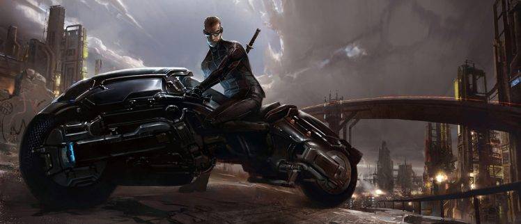 Futuristic Fantasy Art Science Fiction Motorbike Driver HD Wallpaper Desktop Background