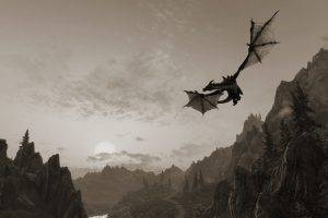 The Elder Scrolls V Skyrim Dragon Fly Over Mountains