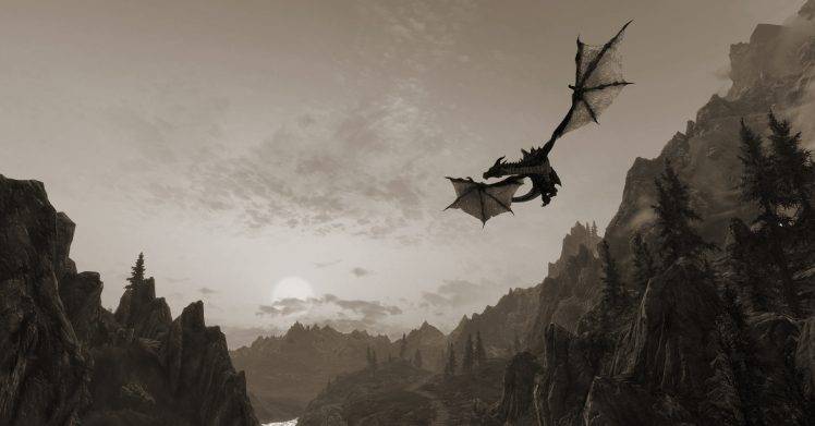 The Elder Scrolls V Skyrim Dragon Fly Over Mountains HD Wallpaper Desktop Background