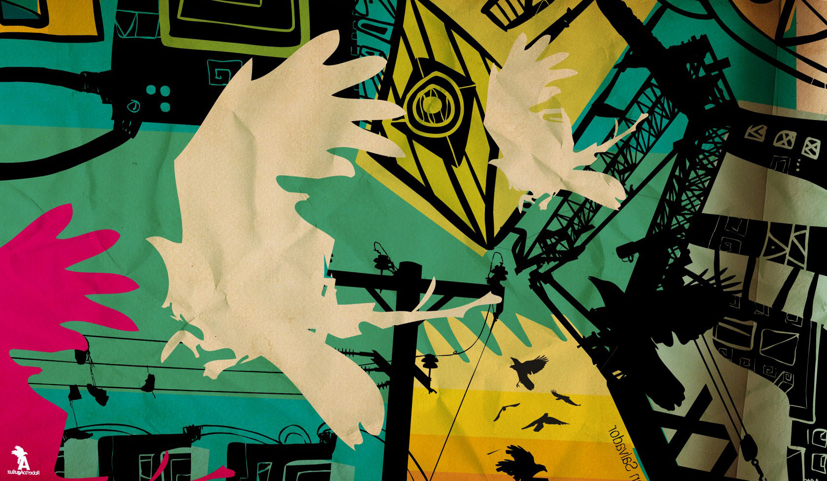 Abstract Multicolor Power Lines Artwork Birds Wallpaper