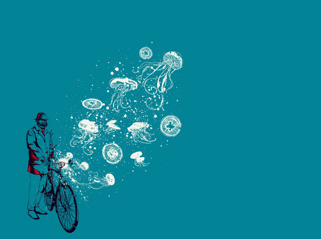 Bicycles Illustrations Octopus Jellyfish Wallpaper