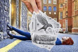 Drawings Bird Futuristic Art Woman On The Road Stone Walls