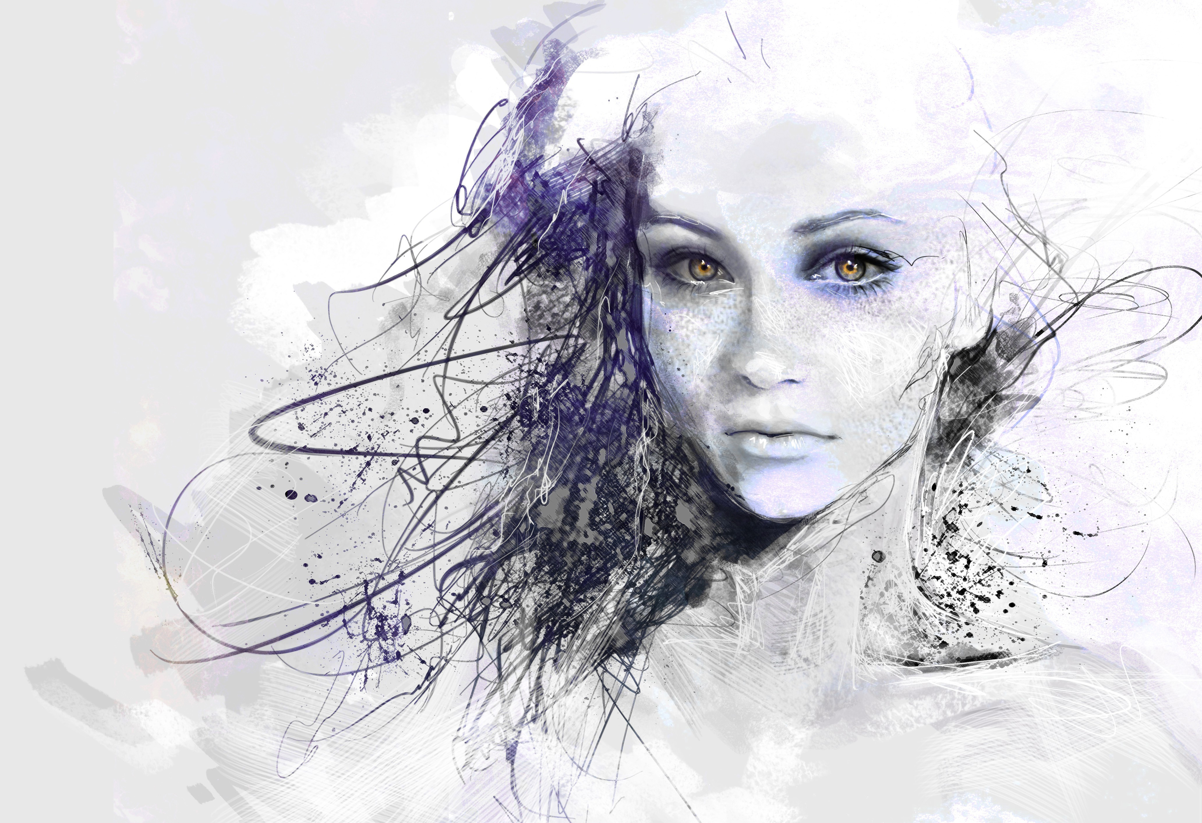 Girl Sketch Women Eyes Colored Hairs Artwork Drawings Faces Portraits