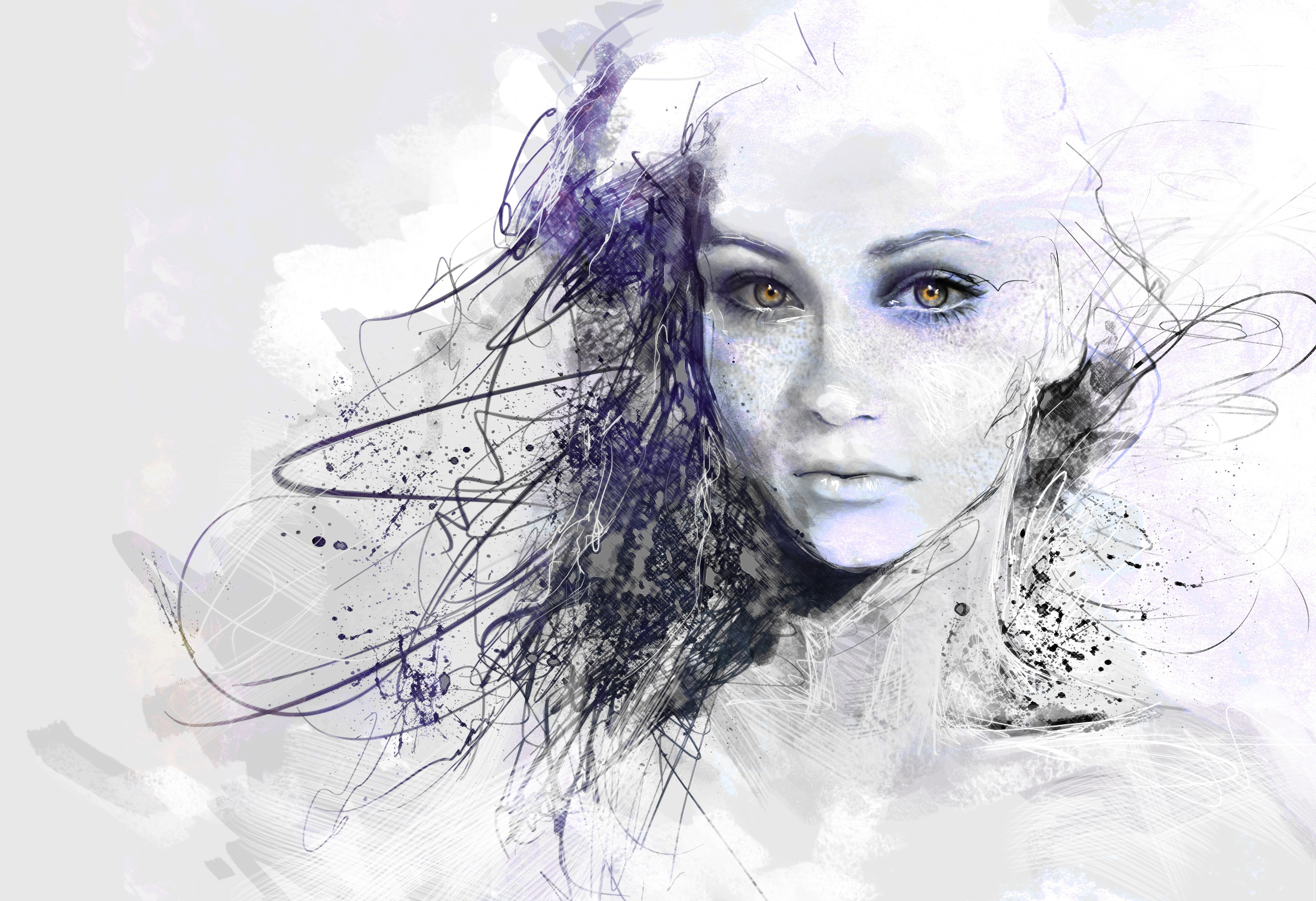 Girl Sketch Women Eyes Colored Hairs Artwork Drawings 