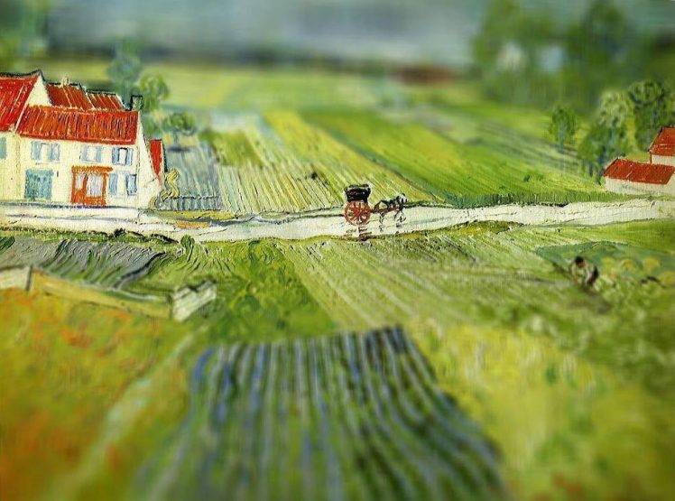 Horse Car Vincent Van Gogh Tiltshift Green Field Houses HD Wallpaper Desktop Background