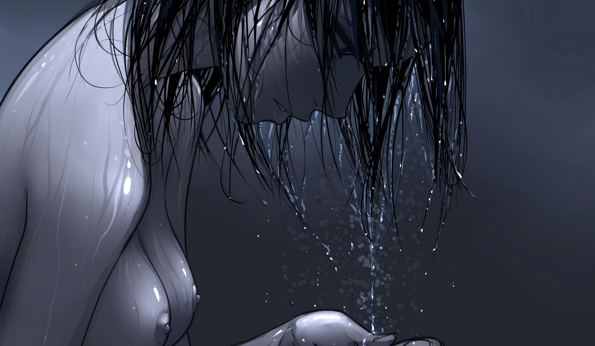 Models Wet Sad Monochrome Artwork Anime Girls Nipples Boobs Water Wallpapers  HD / Desktop and Mobile Backgrounds