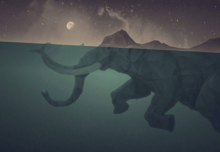 Ocean Two Colors Rock Moon Artwork Elephants Surreal Art HD Wallpaper Desktop Background