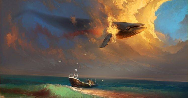 Paintings Clouds Ships Whales Seagulls Artwork Whale Sea HD Wallpaper Desktop Background