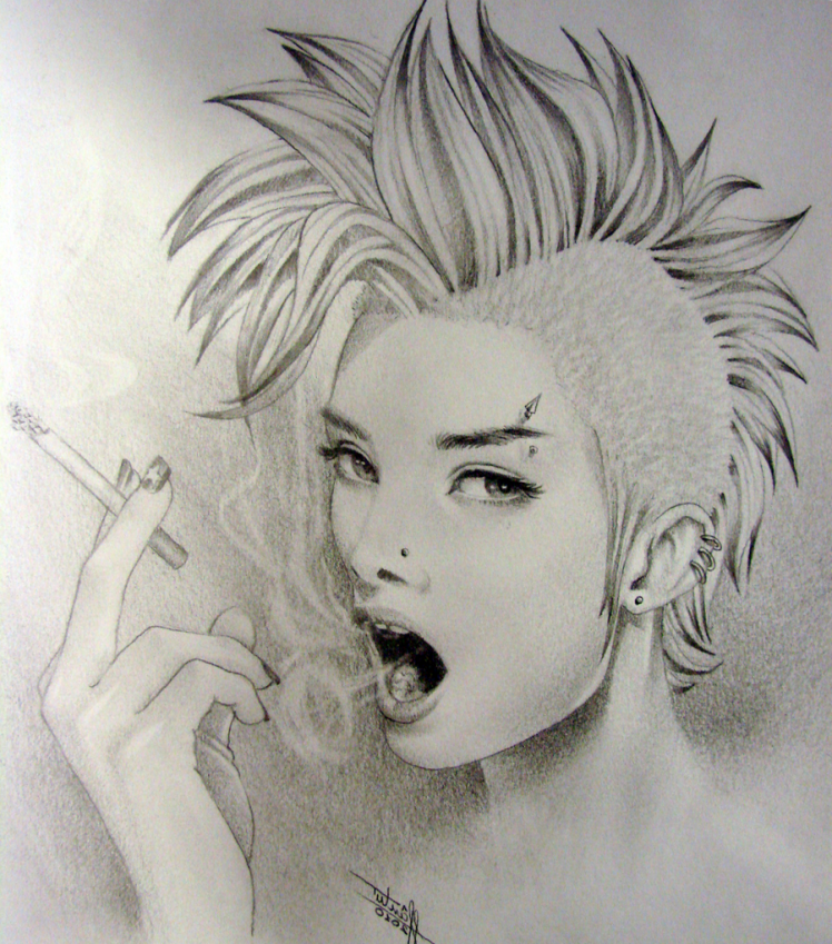 Punk Monochrome Girl Grayscale Sketch Smoke Cigarette HD Wallpaper Desktop Background
