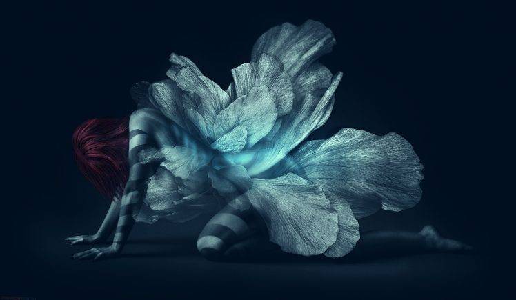 Red Hair Blue Wings Fairies Fantasy Art Artwork Flower Petals Lines Over Body HD Wallpaper Desktop Background