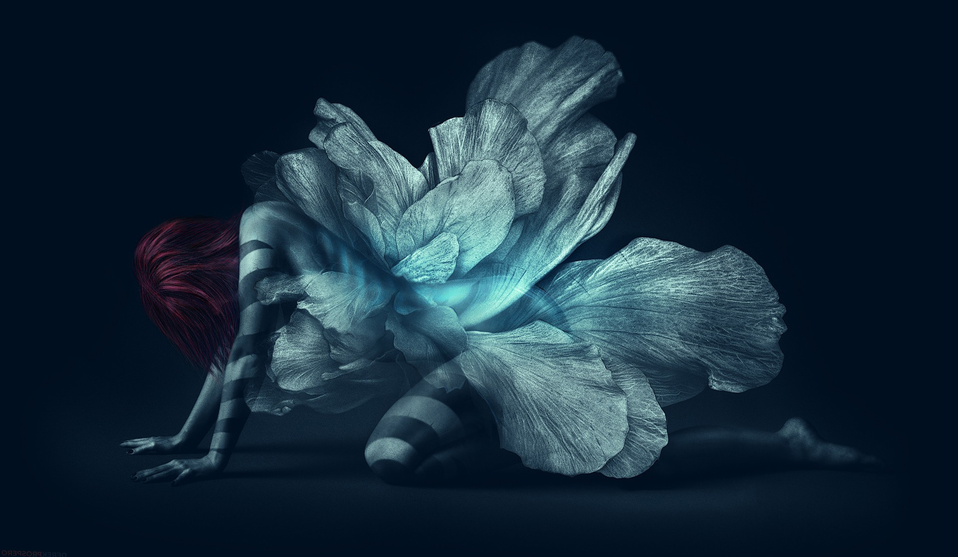 Red Hair Blue Wings Fairies Fantasy Art Artwork Flower Petals Lines Over Body Wallpaper