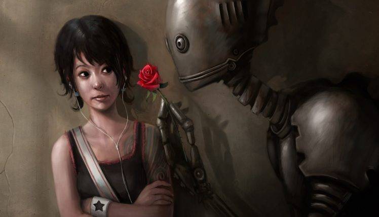 Robots Digital Art Red Rose Girl Star HD Wallpaper Desktop Background