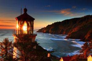 sunset, Lighthouse, Cliff, Landscape