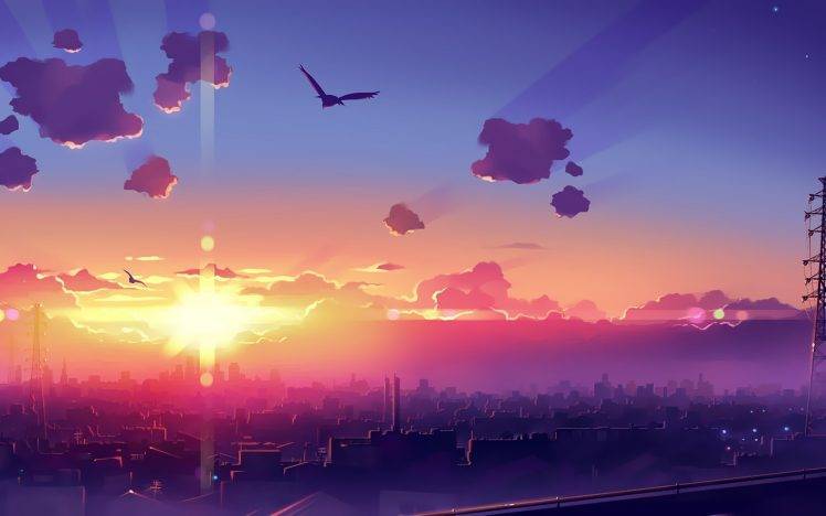 artwork, Fantasy Art, Anime, City, Sunset, Sky HD Wallpaper Desktop Background