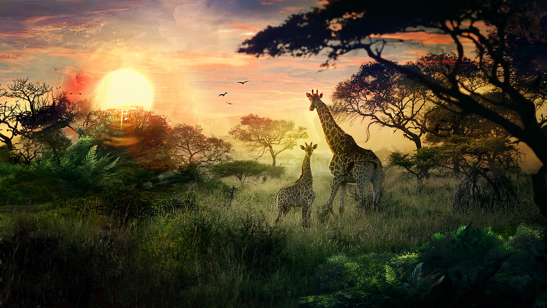animals, Giraffes, Landscape, Sun, DeviantArt, Nature Wallpaper