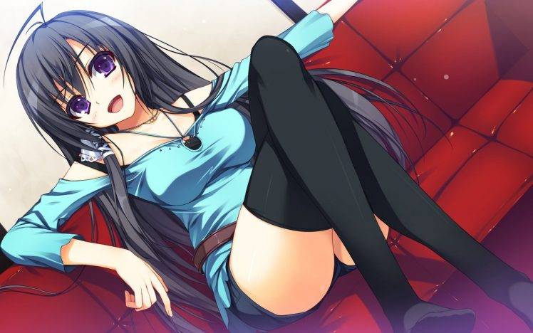 legs, Anime, Thigh highs, Purple Eyes, Black Hair, Reminiscence, Mizuno Rin, Visual Novel HD Wallpaper Desktop Background