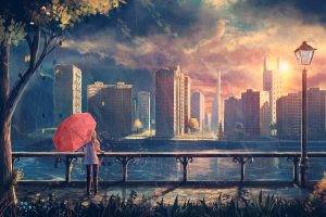 artwork, Fantasy Art, Anime, Rain, City, Park, Umbrella