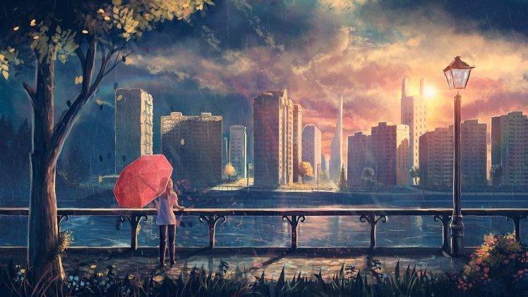 artwork, Fantasy Art, Anime, Rain, City, Park, Umbrella HD Wallpaper Desktop Background
