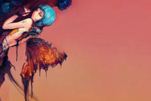 artwork, Fantasy Art, Anime Girls, Blue Hair, Wings, Butterfly, Rose