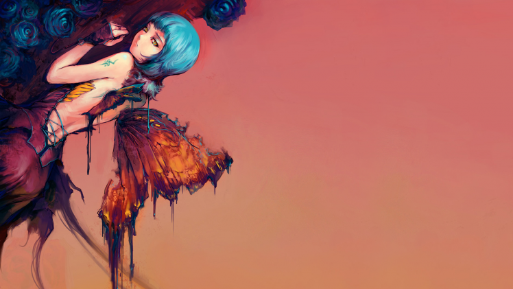 artwork, Fantasy Art, Anime Girls, Blue Hair, Wings, Butterfly, Rose HD Wallpaper Desktop Background