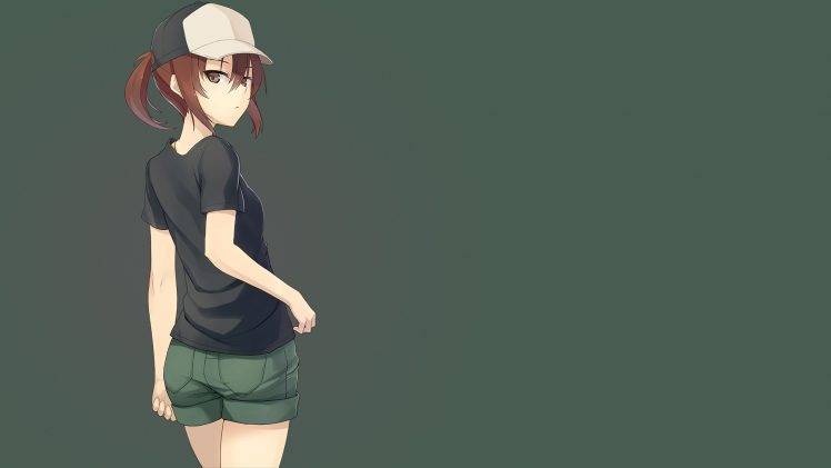 anime, Anime Girls, Simple Background, To Aru Kagaku No Railgun, Hot Pants, Brunette, Brown Eyes, Gradient, Green Background, Misaka Mikoto, Ponytail HD Wallpaper Desktop Background