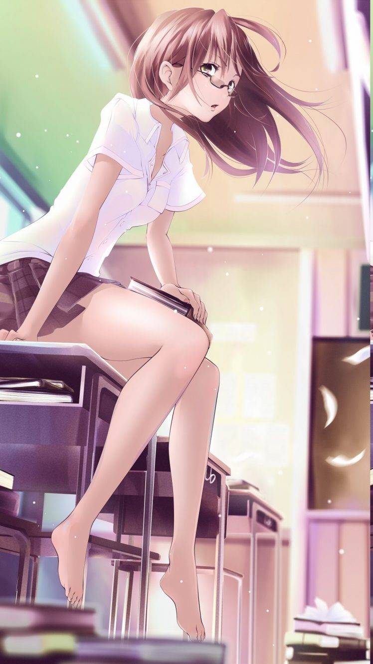 anime Girls, Long Hair, School Uniform, Schoolgirls, Classroom, Glasses, Books, Barefoot, Meganekko HD Wallpaper Desktop Background