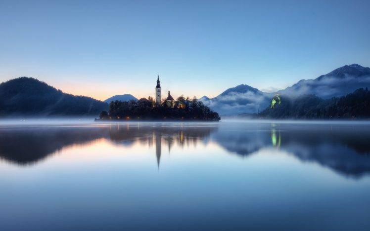 lake, Tower, Slovenia, Landscape, Calm, Sunset, Hill, Lake Bled HD Wallpaper Desktop Background