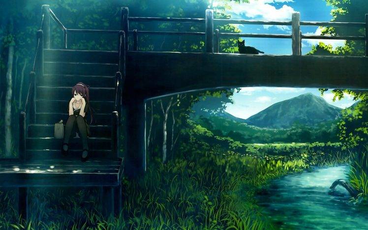 anime, Landscape, Senjougahara Hitagi, Monogatari Series, Cat HD Wallpaper Desktop Background