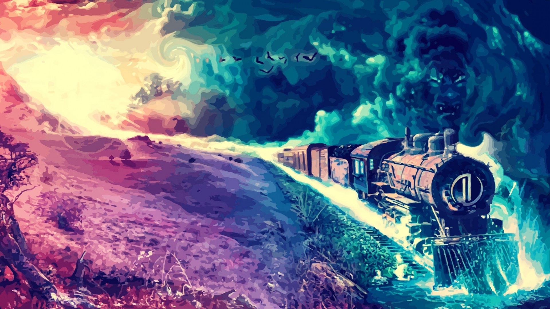 artwork, Fantasy Art, Digital Art, Colorful, Train, Landscape, Painting Wallpaper