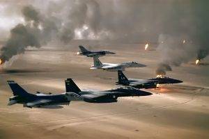 McDonnell Douglas F 15 Eagle, McDonnell Douglas F 15E Strike Eagle, Desert Storm, Desert, Smoke, Flying, Fire, Weapon, Military, War, US Air Force, General Dynamics F 16 Fighting Falcon