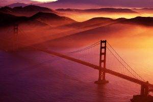 water, Landscape, Hill, Mountain, Bridge, Tower Bridge, Red Sun, Red, Sunlight, Horizon, Photography, Golden Gate Bridge