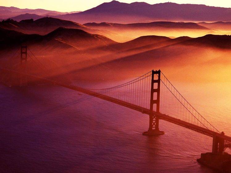 water, Landscape, Hill, Mountain, Bridge, Tower Bridge, Red Sun, Red, Sunlight, Horizon, Photography, Golden Gate Bridge HD Wallpaper Desktop Background