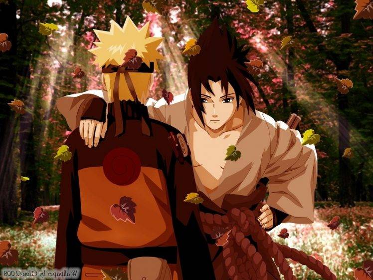 anime, Uzumaki Naruto, Naruto Shippuuden, Uchiha Sasuke, Fall, Leaves HD Wallpaper Desktop Background