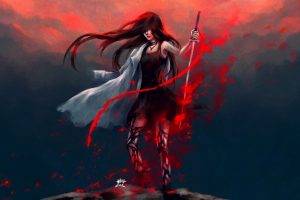 artwork, Fantasy Art, Anime, Warrior, Redhead, Blood, NanFe, Original Characters