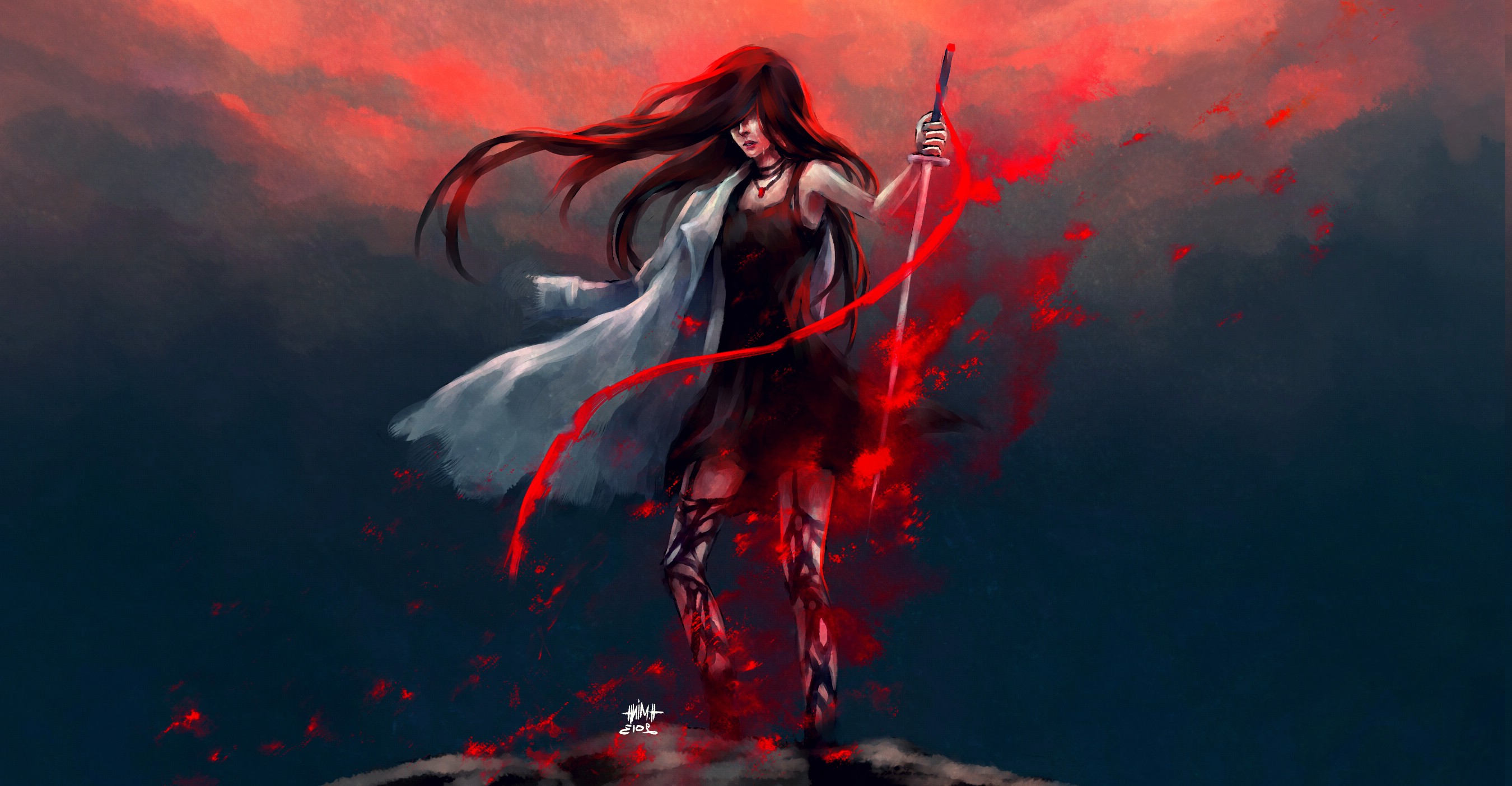 artwork, Fantasy Art, Anime, Warrior, Redhead, Blood, NanFe, Original