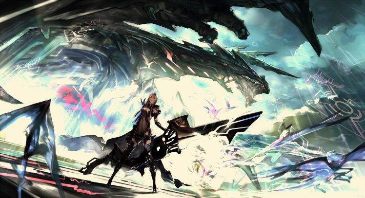 artwork, Fantasy Art, Anime, Warrior, Dragon, Futuristic, Sword HD Wallpaper Desktop Background