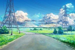clouds, Blue, Green, ArseniXC, Anime, Landscape, Road, Power Lines, Everlasting Summer, Utility Pole, Visual Novel
