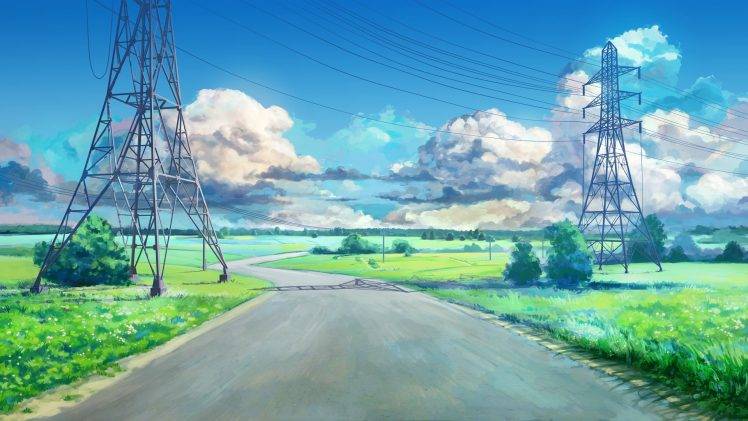 clouds, Blue, Green, ArseniXC, Anime, Landscape, Road, Power Lines, Everlasting Summer, Utility Pole, Visual Novel HD Wallpaper Desktop Background